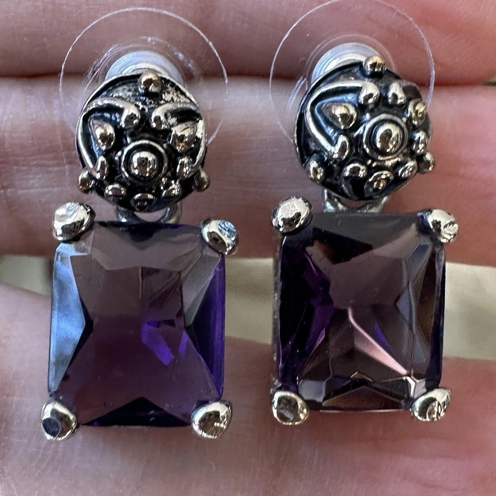 Vintage Pierced Dangle Earrings 1 Inch Purple Amethyst Glass Silver Gold Floral